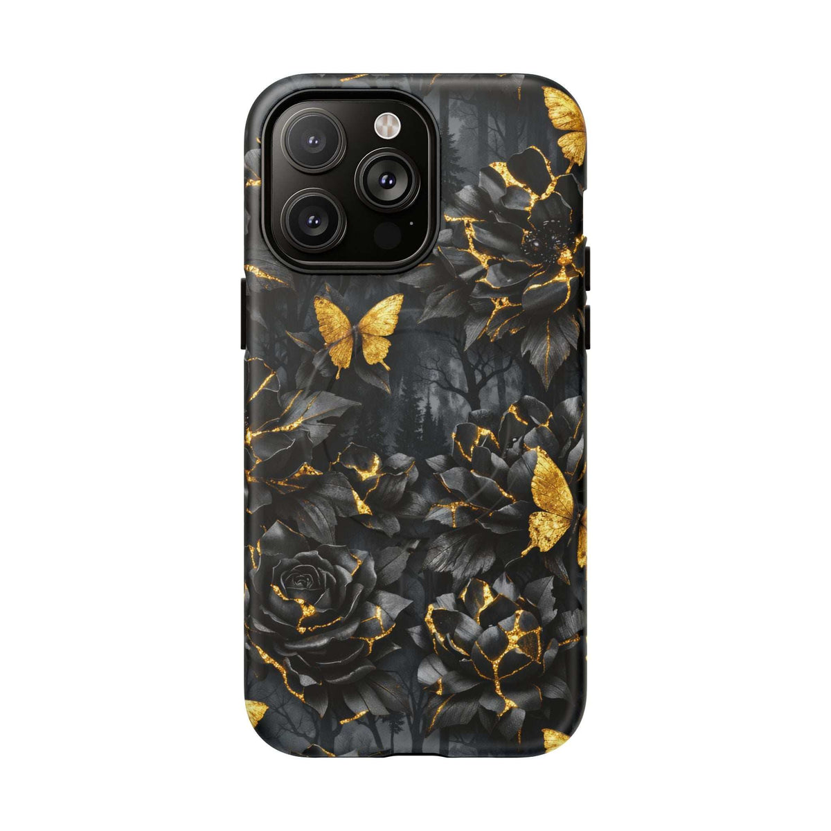Phone case with dark rose and butterfly pattern, gold kintsugi lines across the back