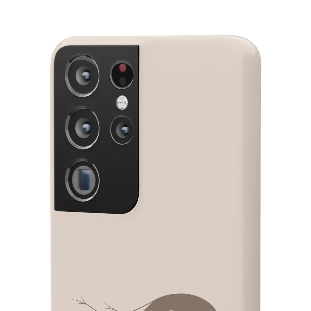 Beige phone case with black camera module and small colored details, flower-and-vine back