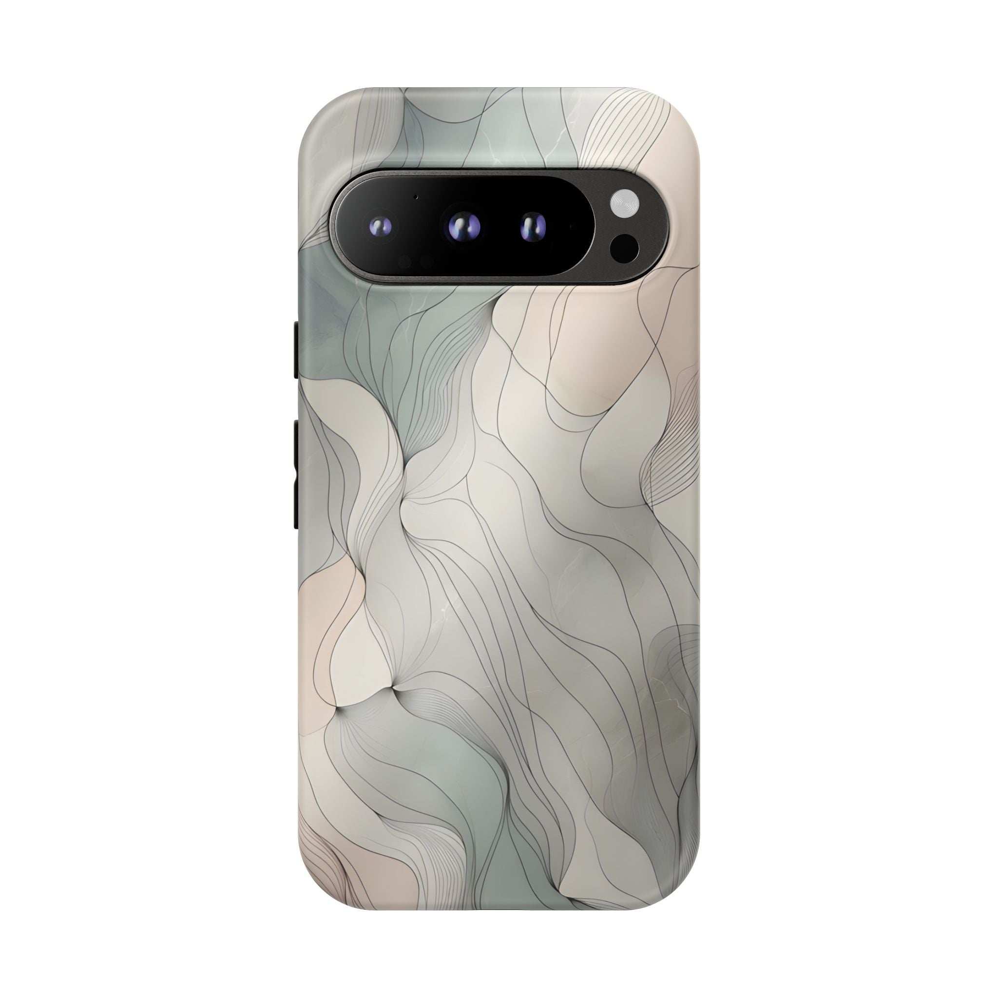 Pastel wave phone case with large camera cutout and speaker cutouts on light back.