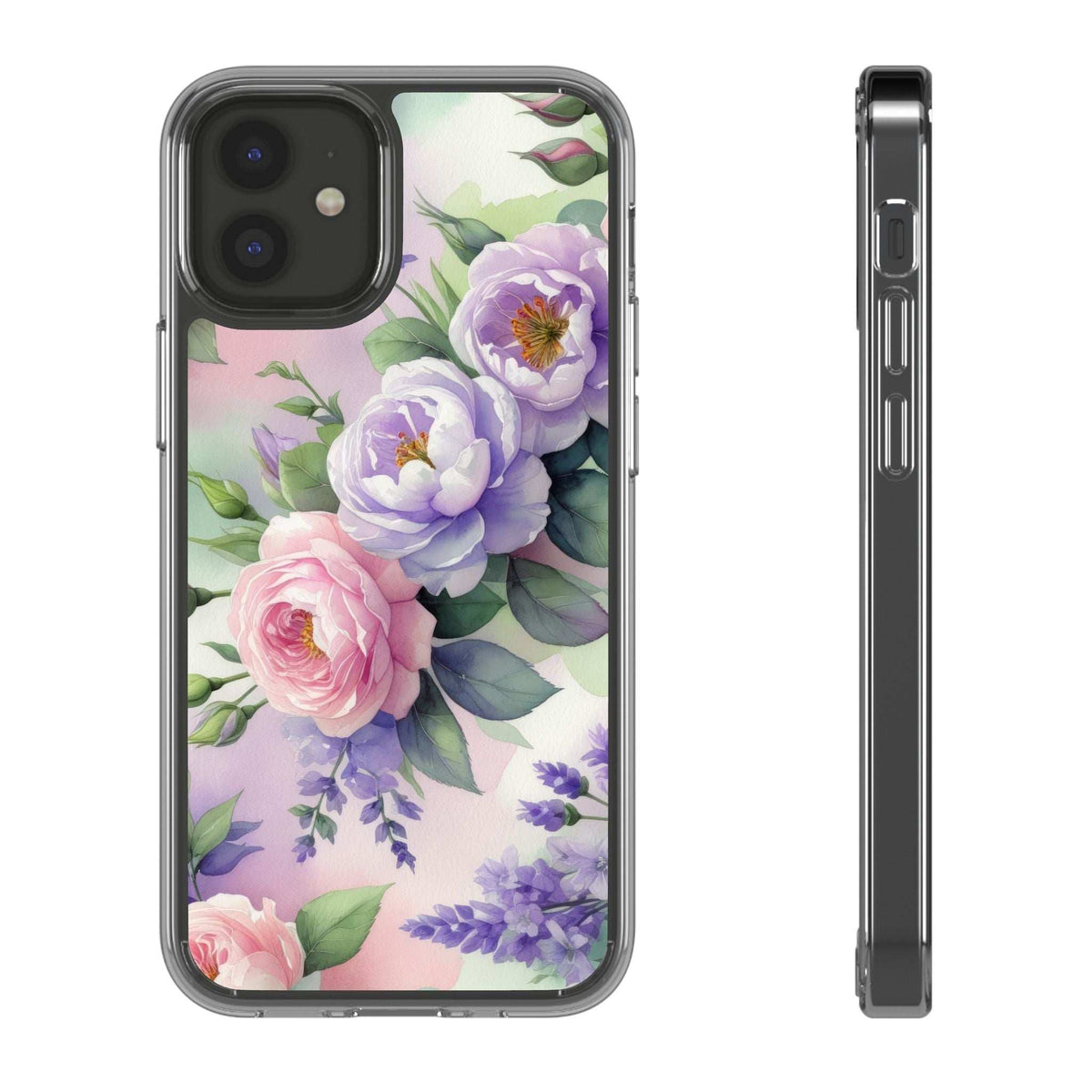 Clear floral phone case front view with side profile; lavender and pink roses design