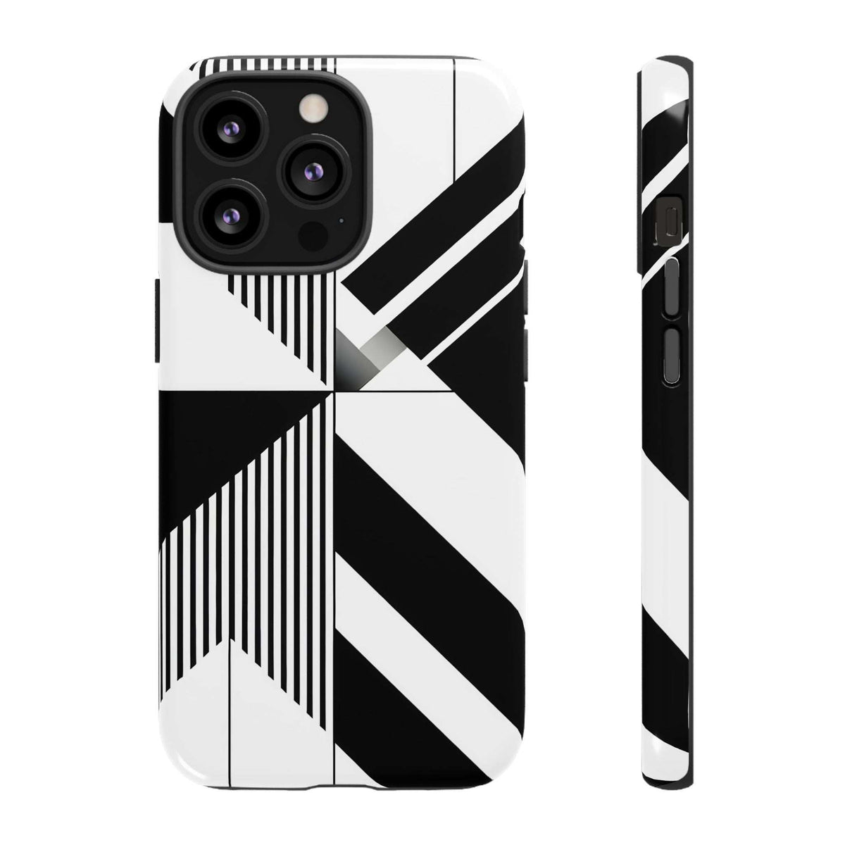 Monochrome tough phone case, geometric black-and-white stripes, triple-lens cutout view