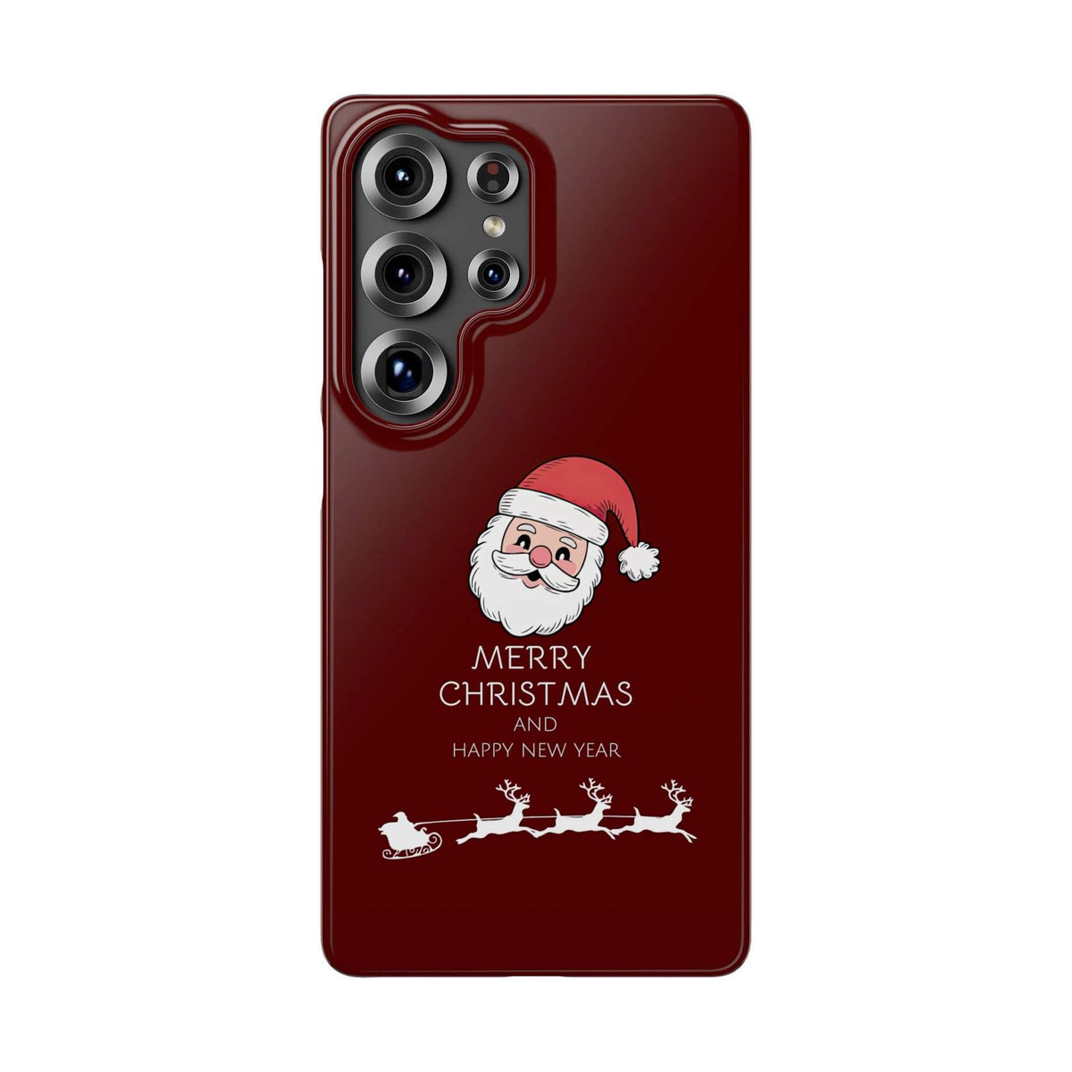 Glossy crimson phone case with Santa face and sleigh holiday graphic, multi-lens camera