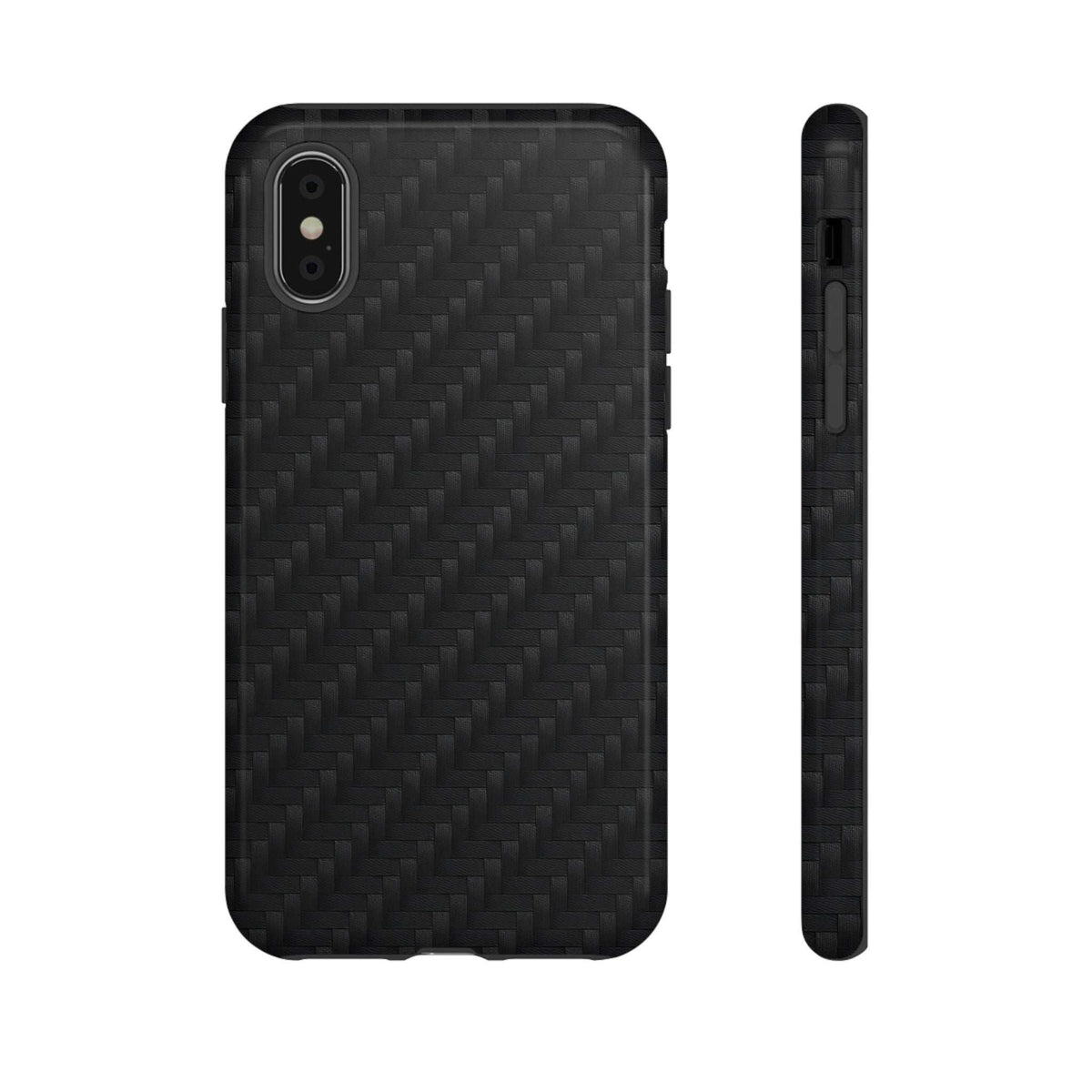 Glossy black carbon phone case back and side profile with button cutouts.
