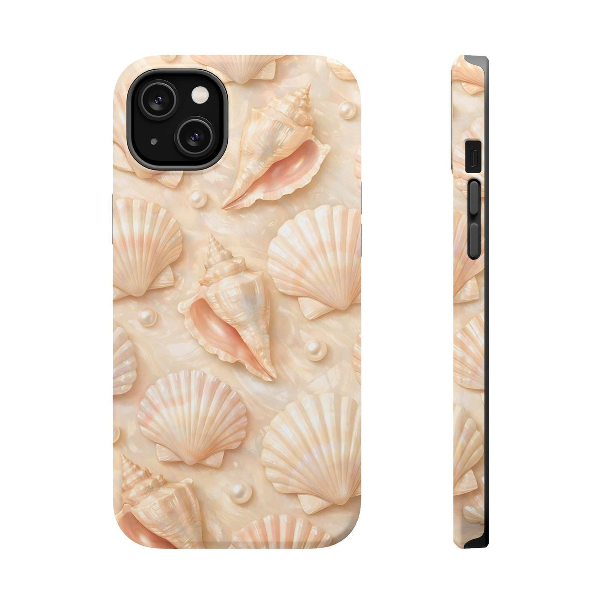 Seashell phone case with cream shell pattern; front view and narrow side profile