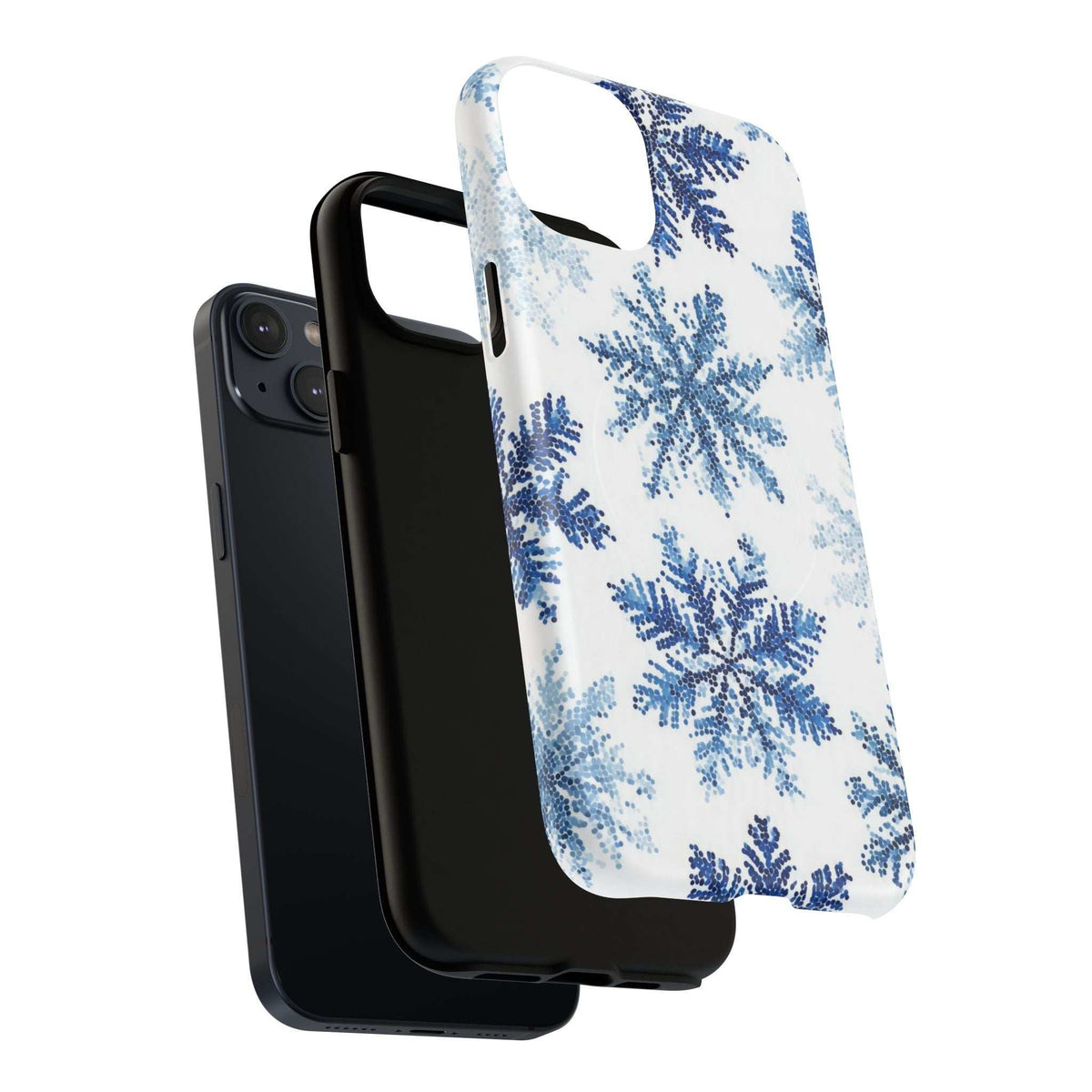White iPhone phone case featuring blue snowflake designs with side button cutout