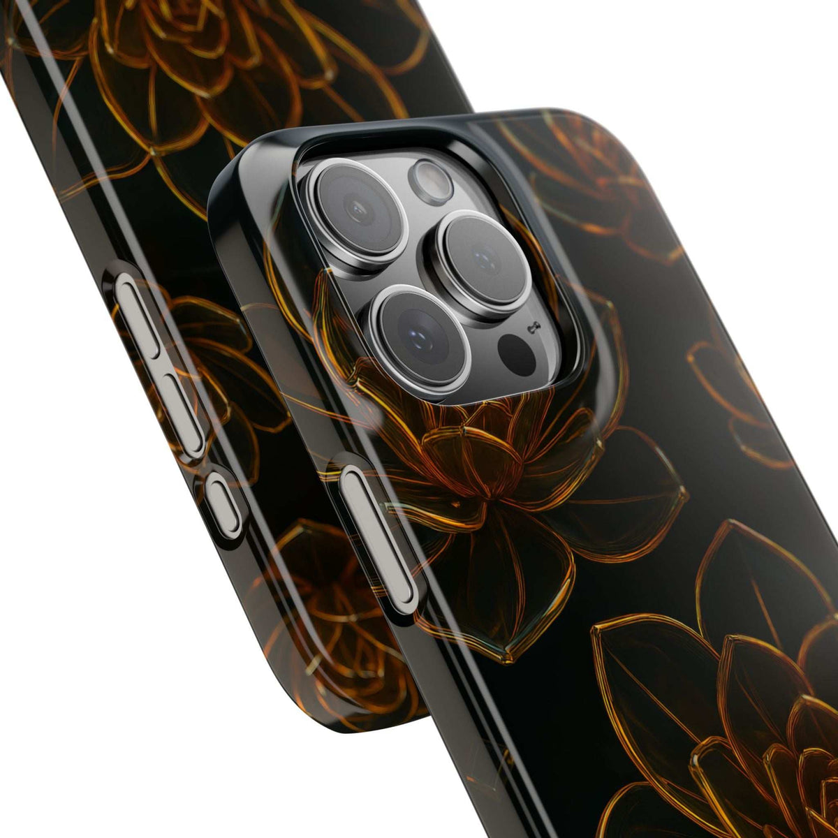 Glossy black glass phone case close-up of camera area with amber flower pattern
