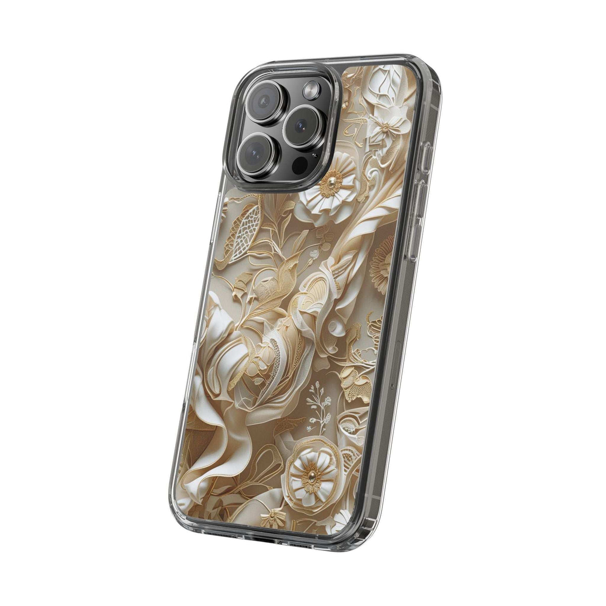 Clear phone case with gold floral pattern, angled back view with camera cutouts
