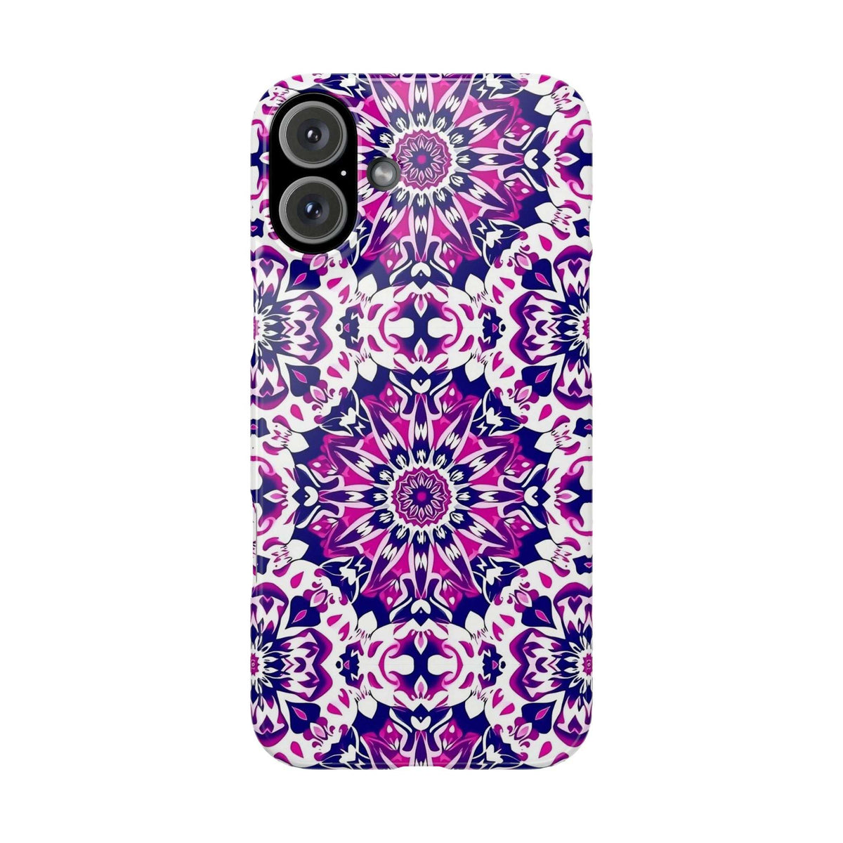 Phone case with purple and pink mandala floral pattern on white background.