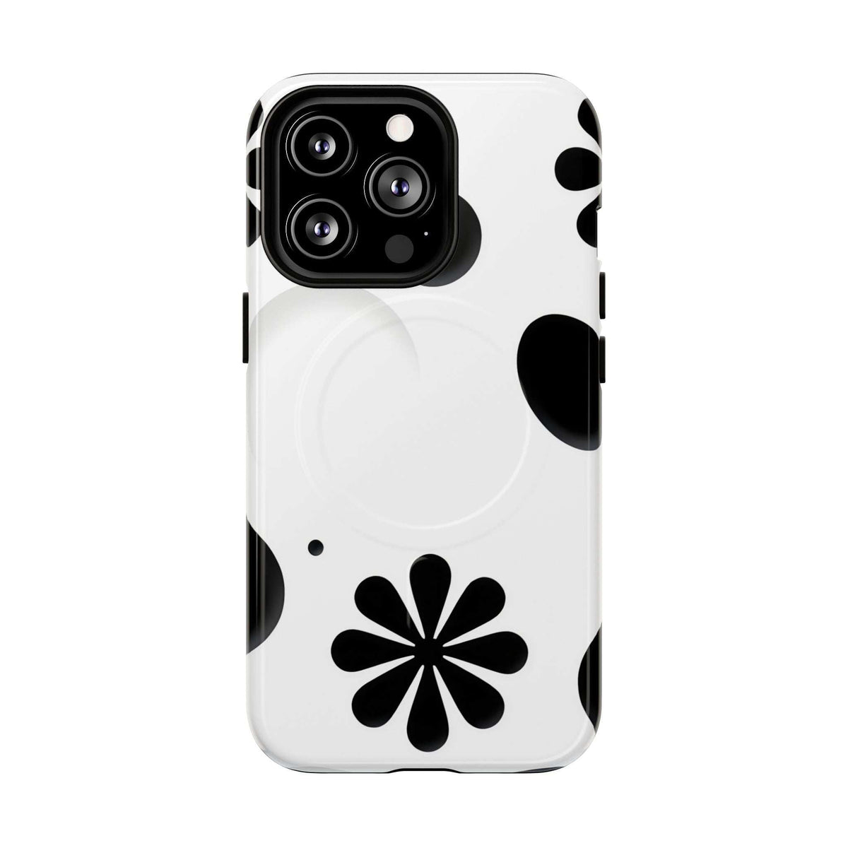 White phone case with black flower print, triple-lens camera cutout, magnetic tab