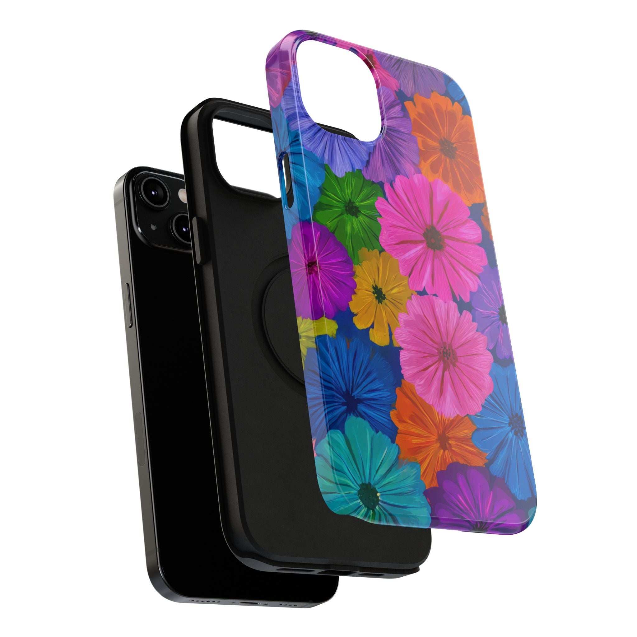 Slim phone case featuring bright multi-color blossom pattern on a protective shell