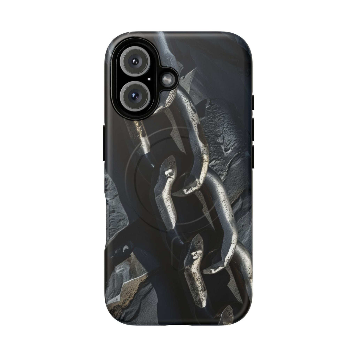 Black magnetic phone case with iron chain design and secure camera module protection