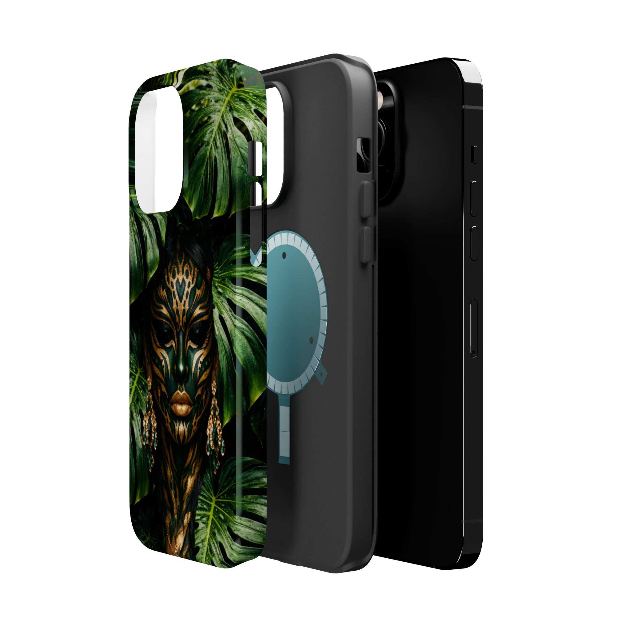 Phone case with green foliage and gold lion head; light-blue handprint with camera opening
