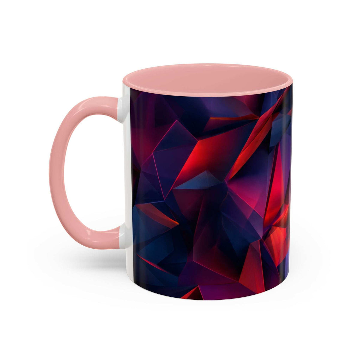 Ceramic accent mug with light pink handle and faceted red/purple/blue pattern, white side