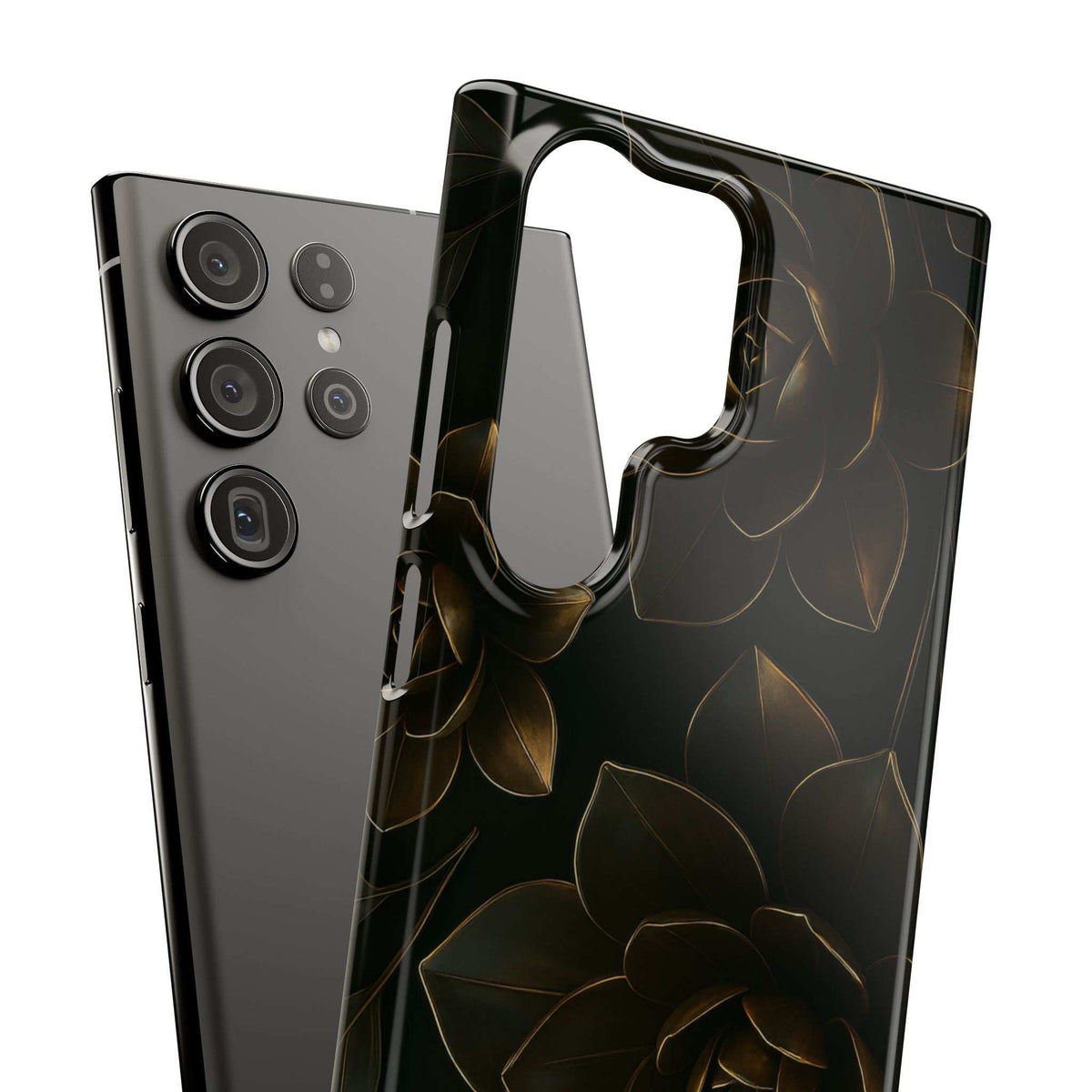 Glossy metal flower phone case with large camera module cutout, dark floral print