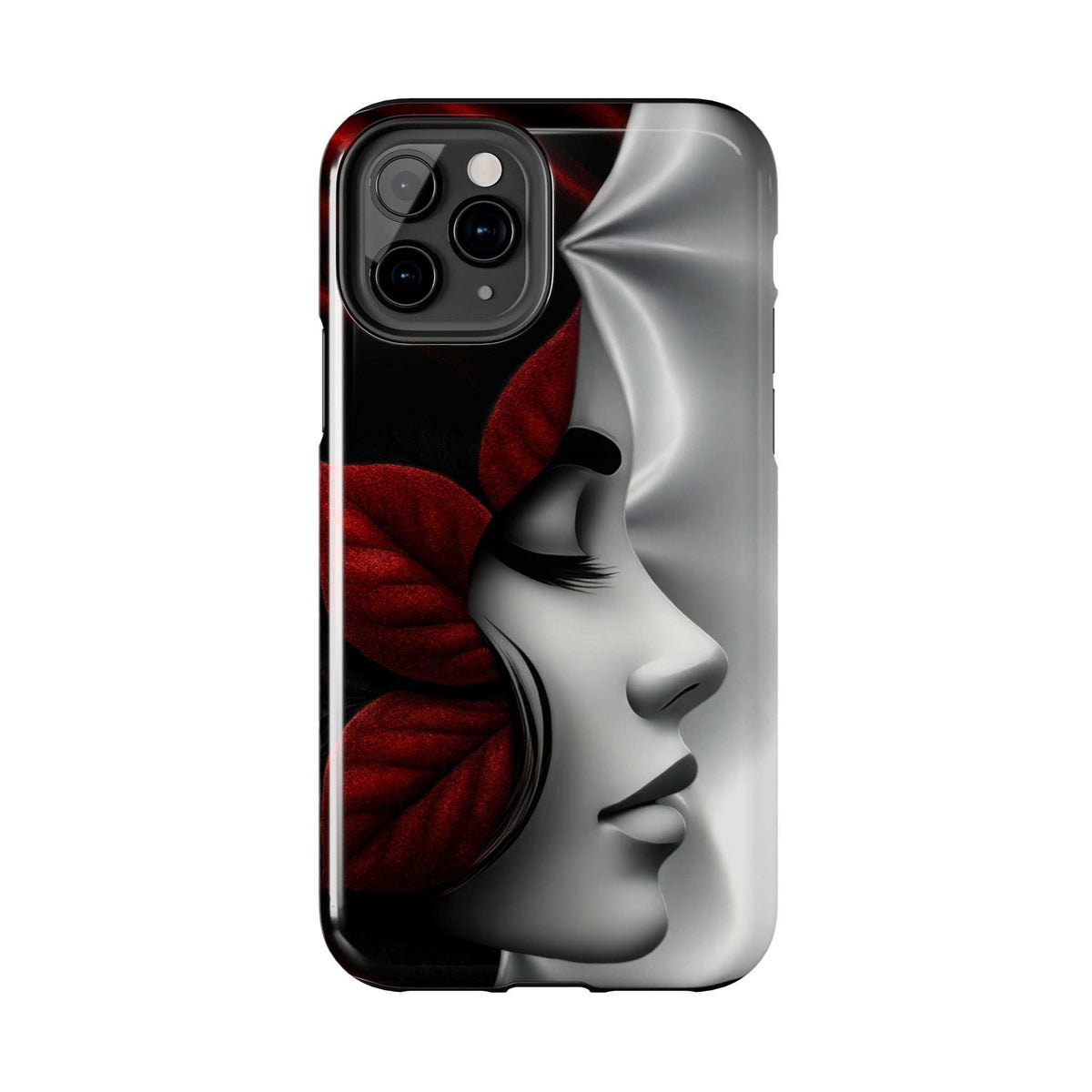 Two-tone phone case with silver profile and red fabric; cutouts for dual cameras.