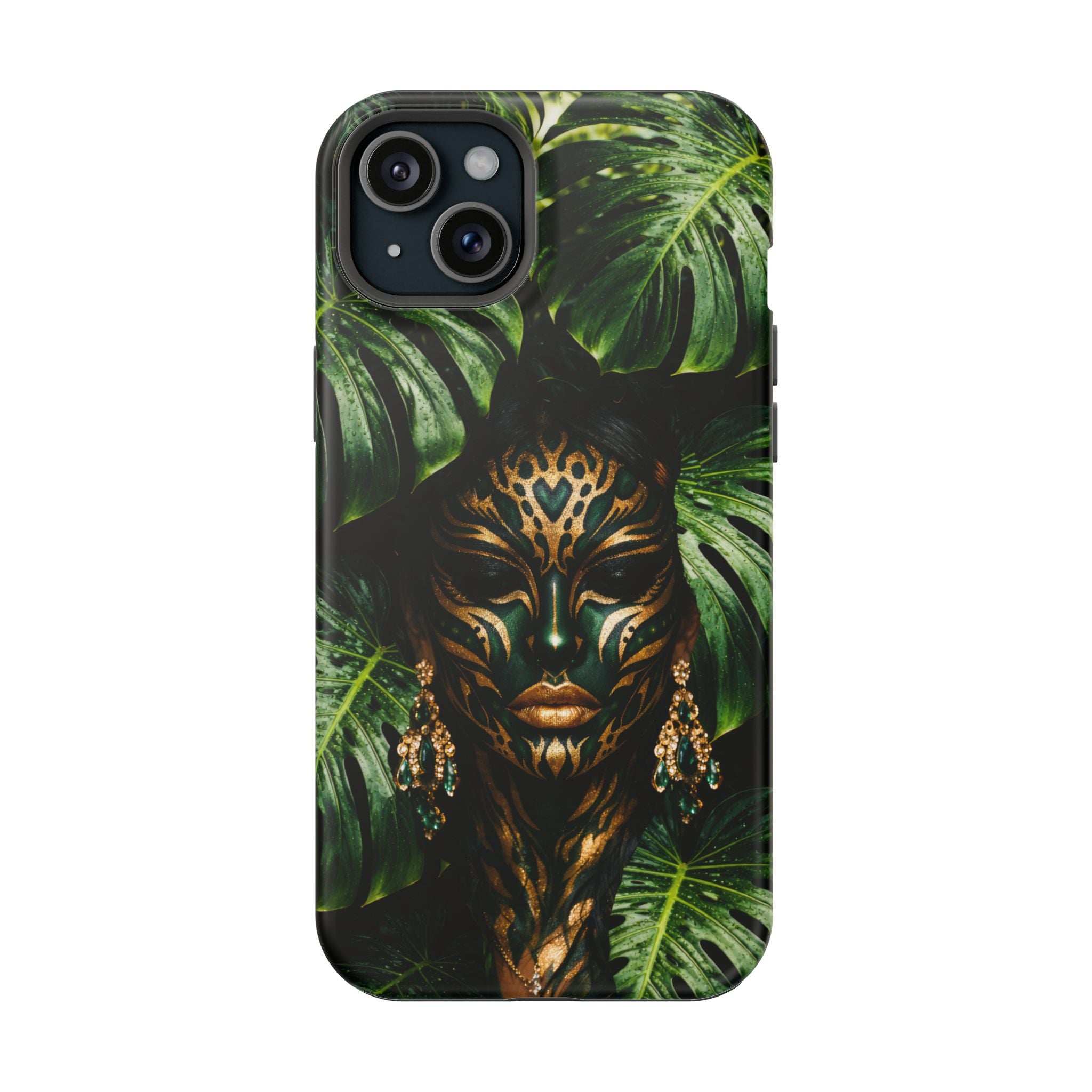 Tropical jungle mask phone case with gold details, dark background, and phone camera holes