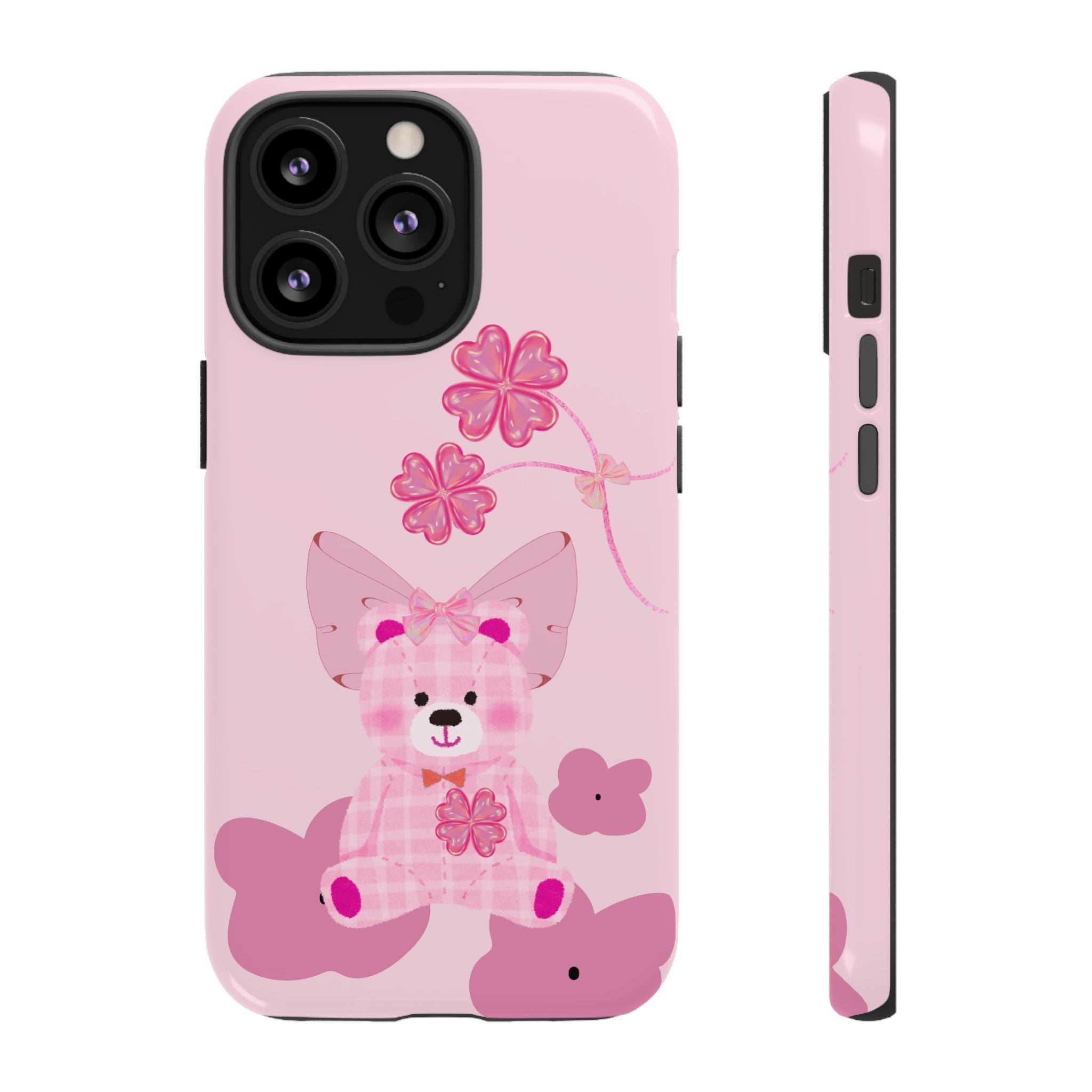 Pink phone case with teddy bear design and bow; back plus side profile.