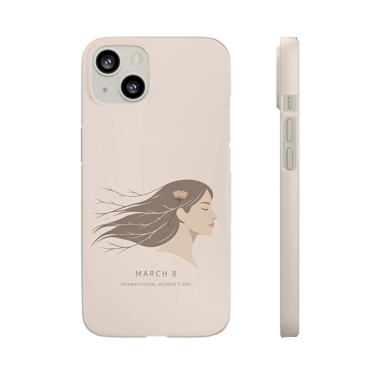 Beige phone case with flowing-hair woman graphic, back and slim side view