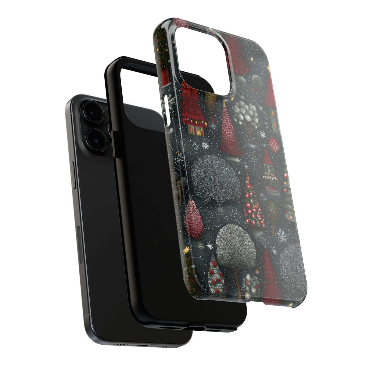 Frosted phone case in dark gray with red Christmas tree pattern, raised camera and port openings
