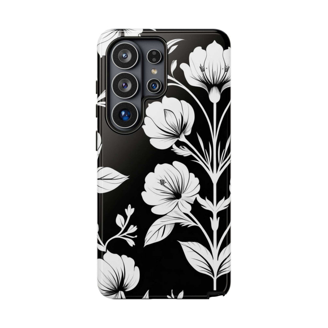 Floral phone case for Galaxy S20–S26, black with white blossoms and leaf pattern
