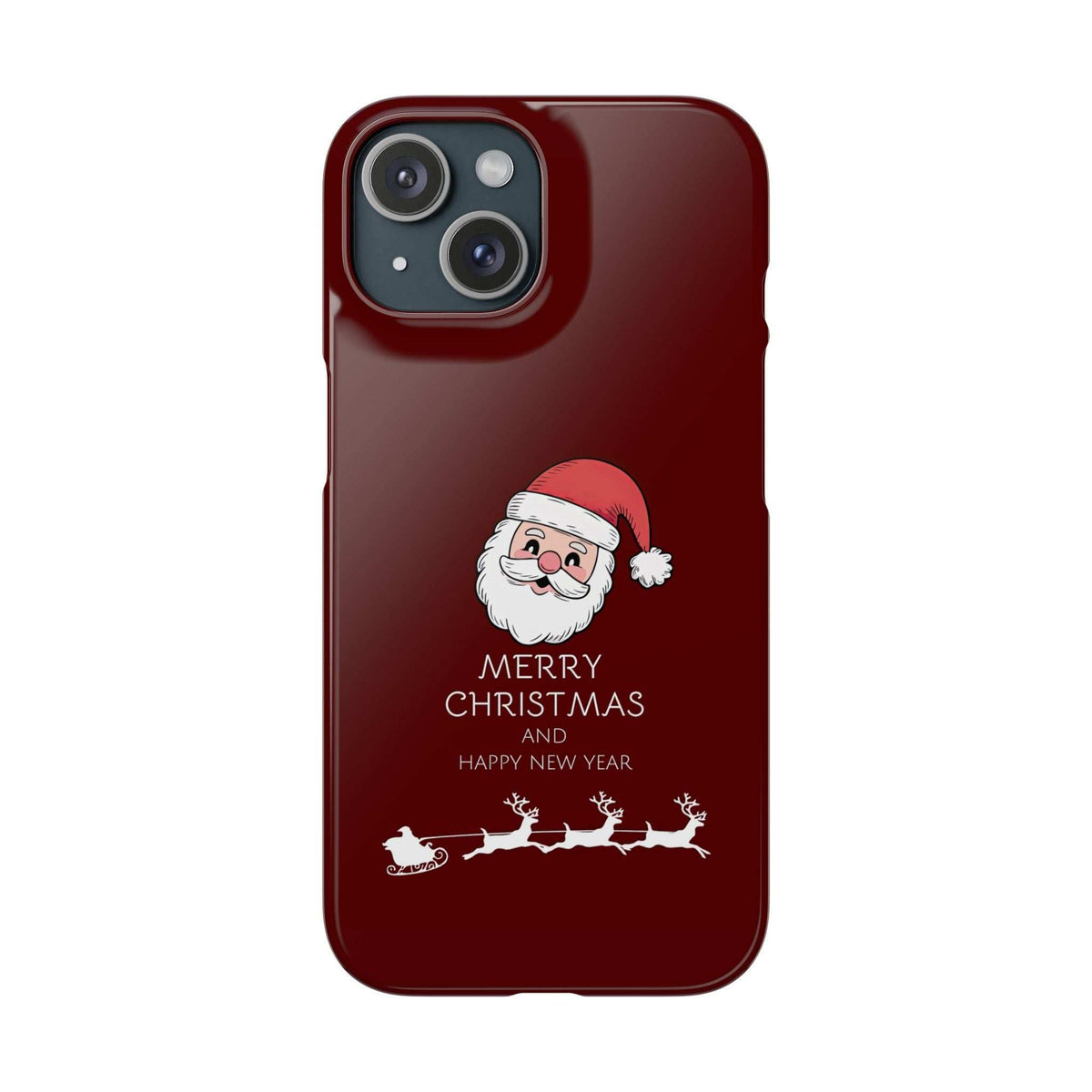 Glossy red phone case with Santa graphic and “MERRY CHRISTMAS AND HAPPY NEW YEAR” text.