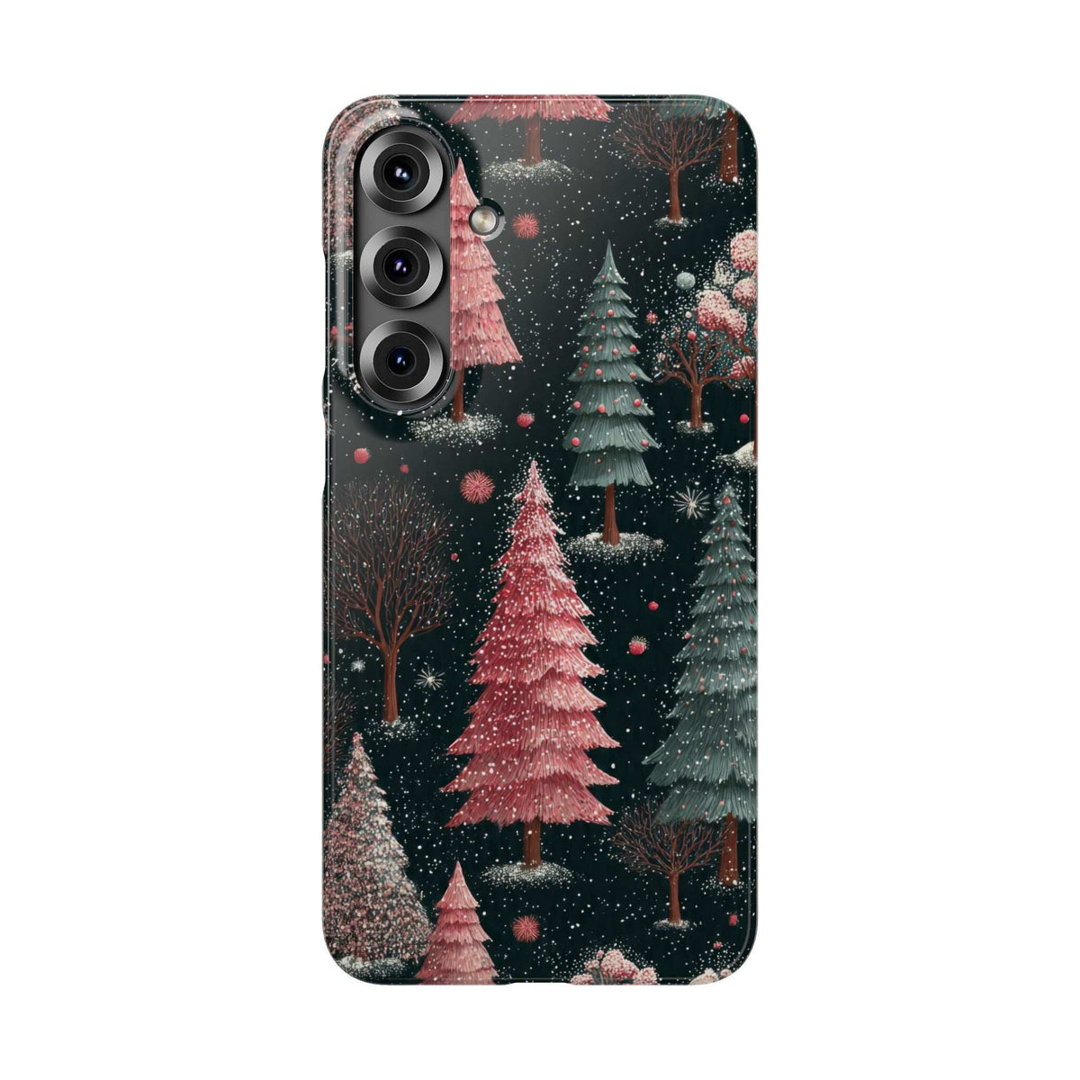 Glossy phone case with layered winter forest trees, pink highlights, and snowy speckles.
