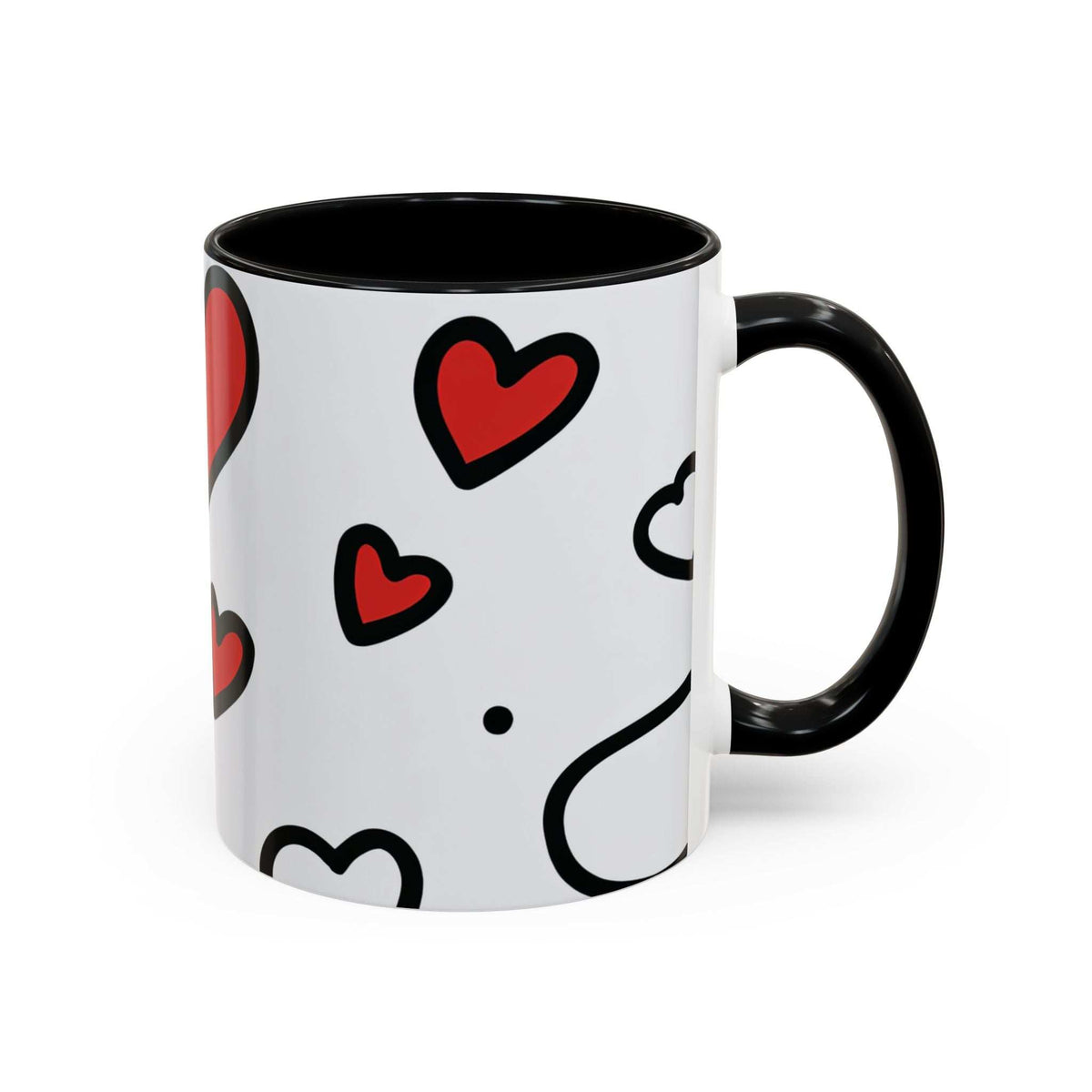 Accent coffee mug with black interior and no-rim hearts design, white body