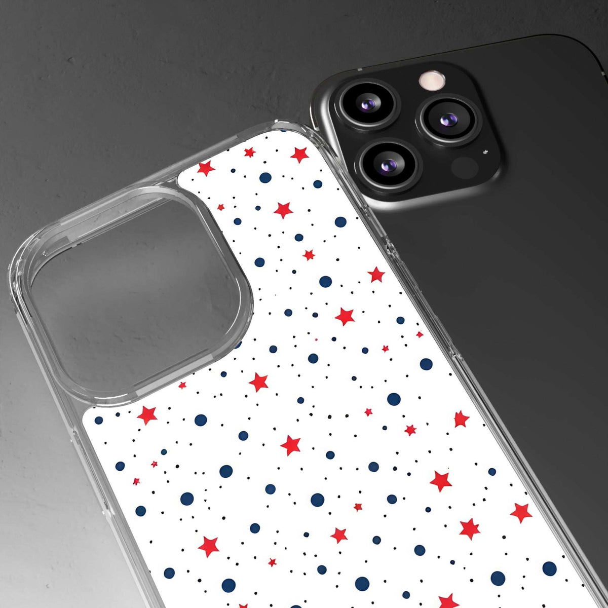 Clear phone case showing white star-and-dot pattern and large camera cutouts