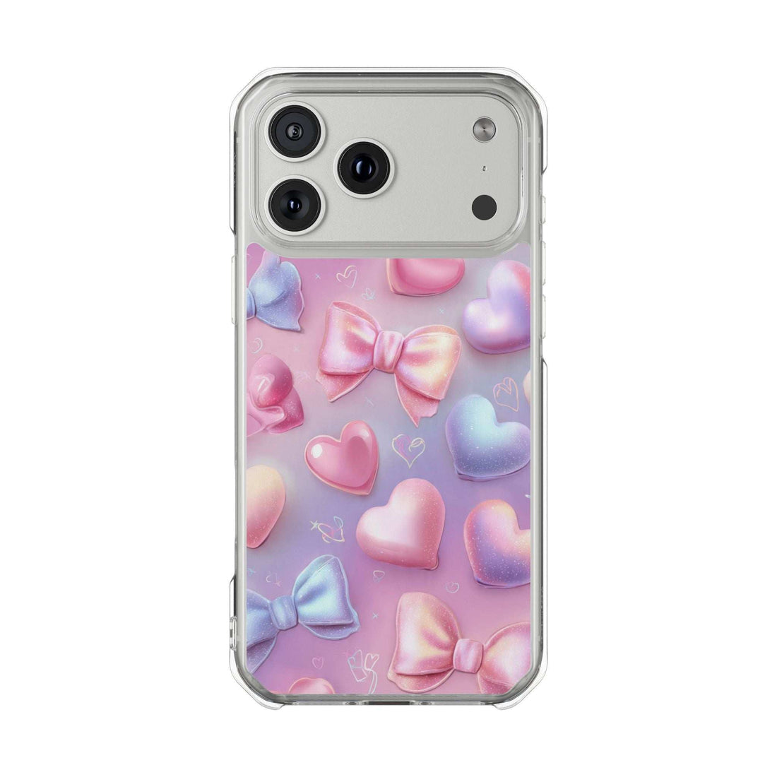 Clear phone case with pastel hearts and bows; raised camera cutout at top left