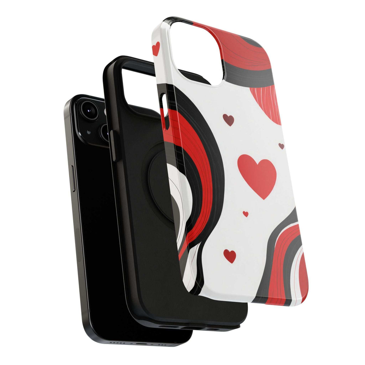 Glossy phone case with red hearts and swirls on white, with black protective edges
