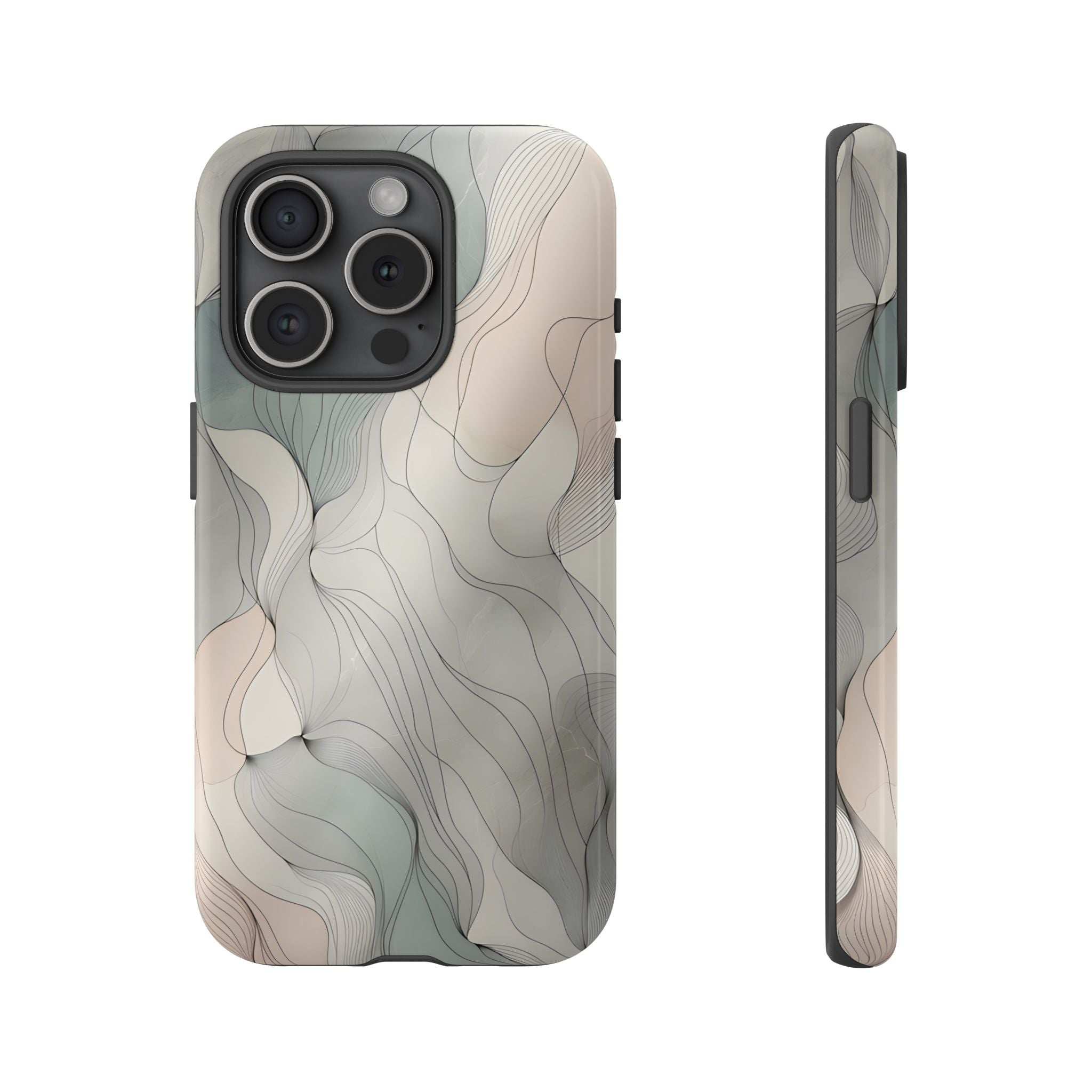 Pastel wave phone case with abstract beige, teal, and gray lines and multi-camera cutout