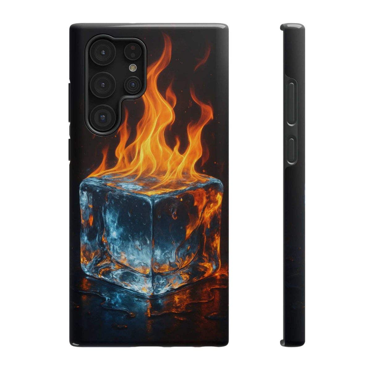 Black glossy phone case with flame and ice cube graphic, quad-camera cutouts