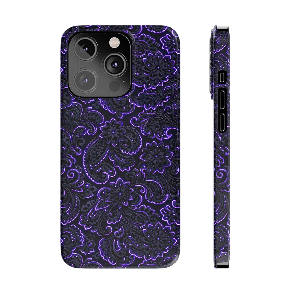 Purple neon paisley phone case showing large camera module cutouts and buttons.