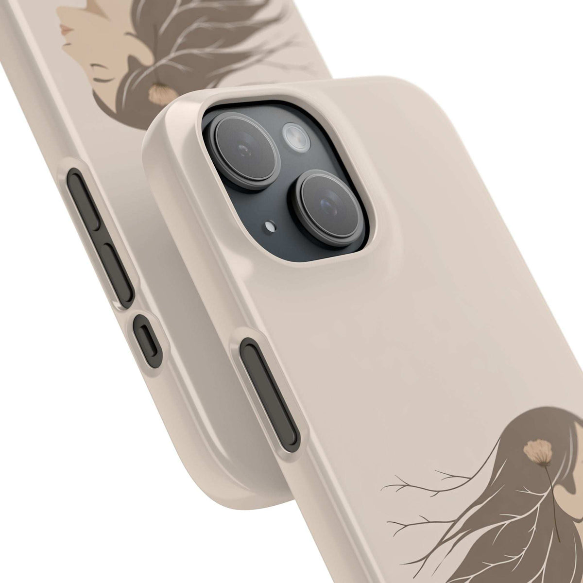 Beige phone case showing camera protection frame and side button openings, line art