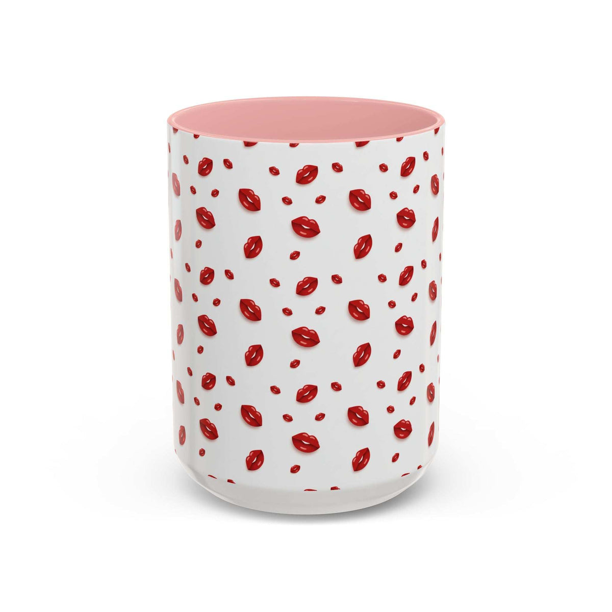 Ceramic coffee mug with red lips pattern and pale pink interior
