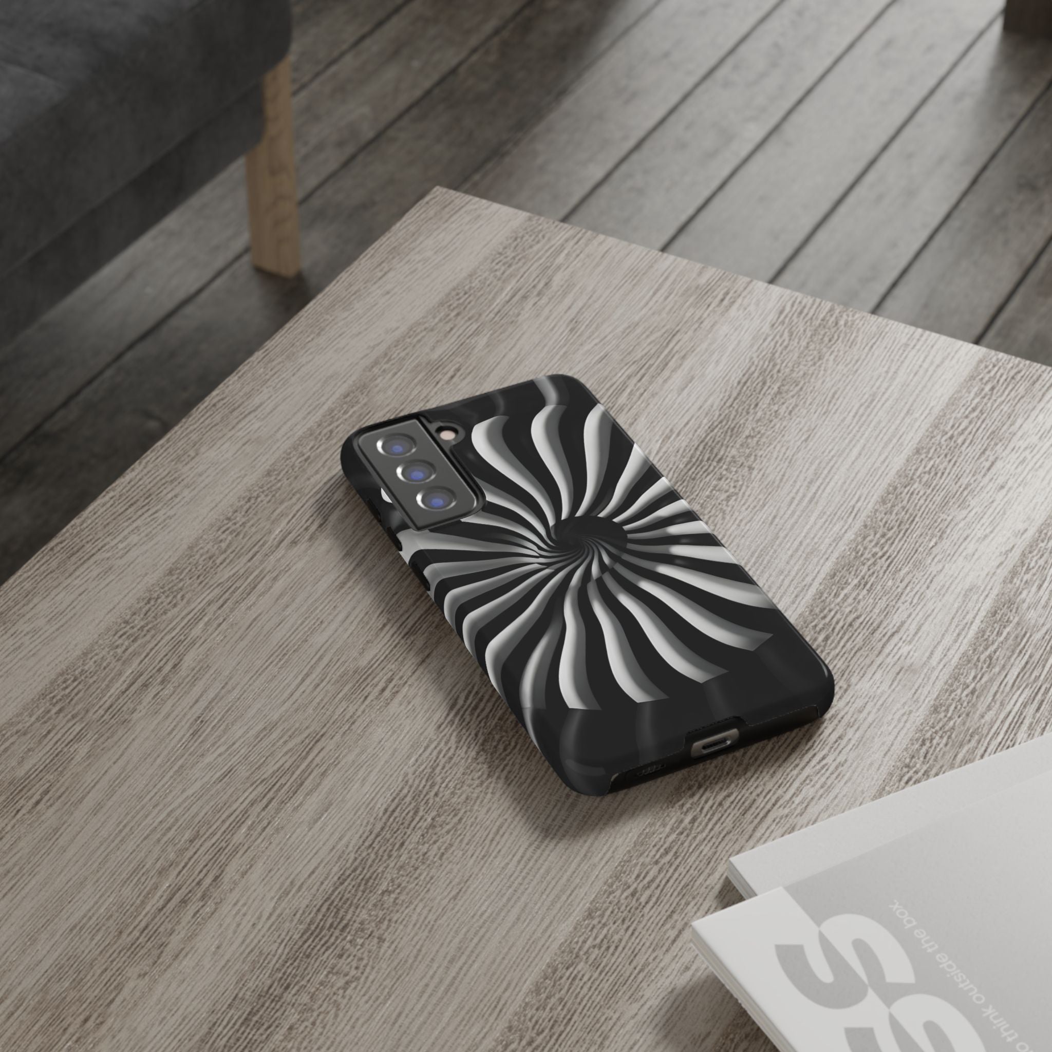 Hypnotic Black and White Spiral Phone Case – Optical Illusion Design for iPhone & Galaxy