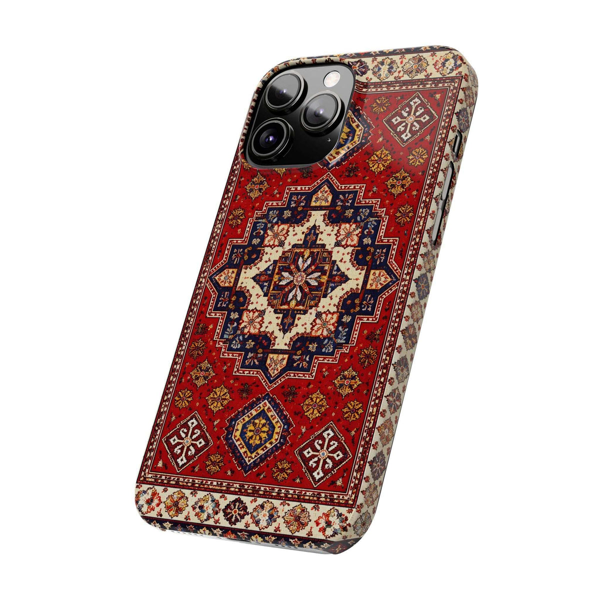 Armenian carpet patterned phone case at an angle; red and blue medallion with camera cutouts.