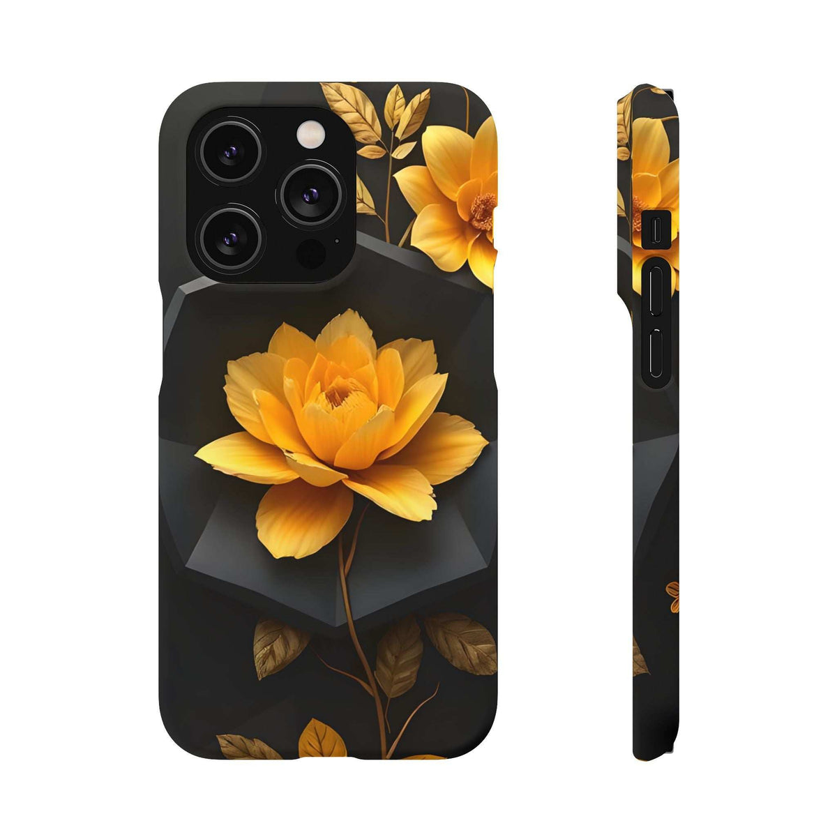 Black phone case with yellow peony blossom and leaves; camera cutouts on back