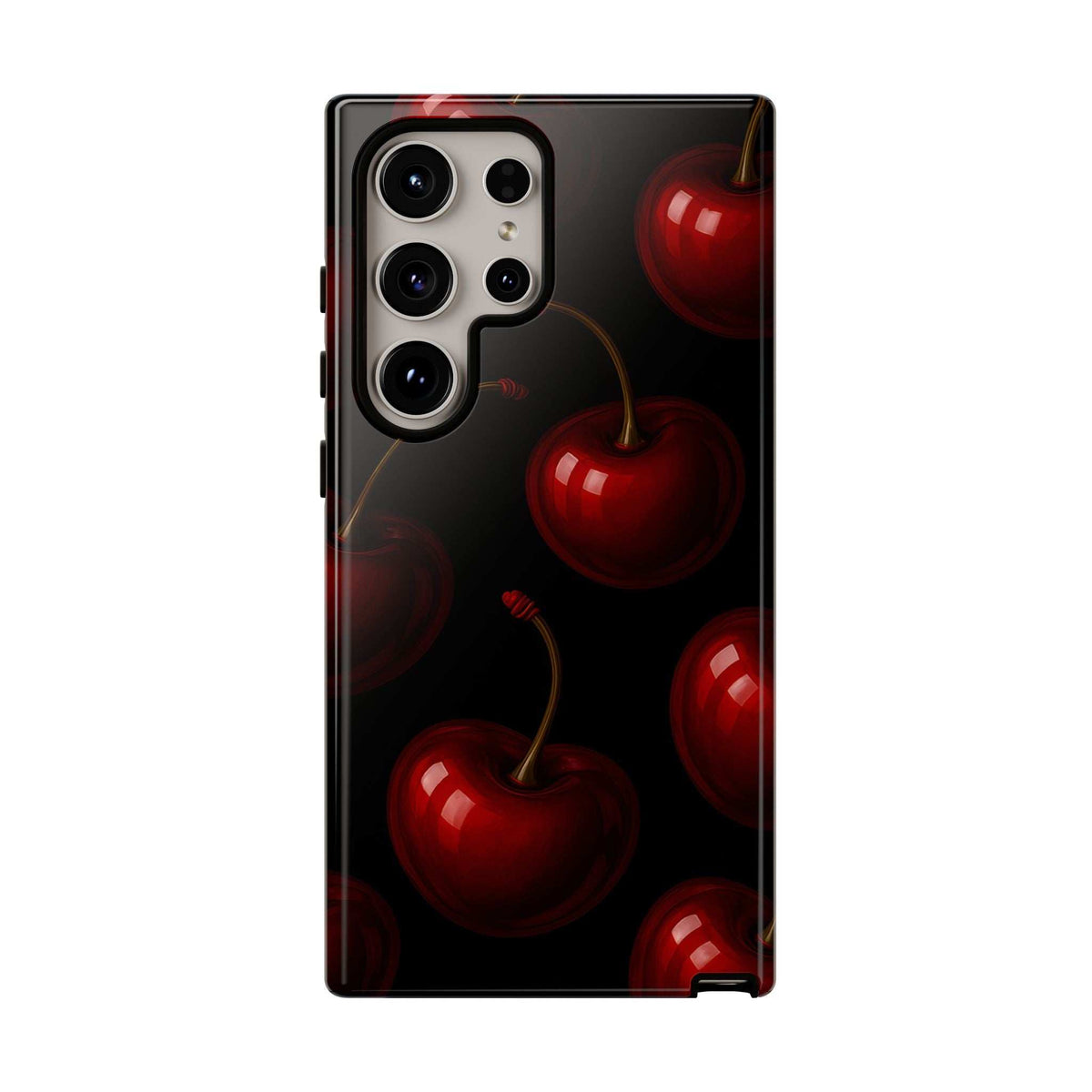 Cherry phone case with glossy finish, black back with red cherries, camera module and cutouts.