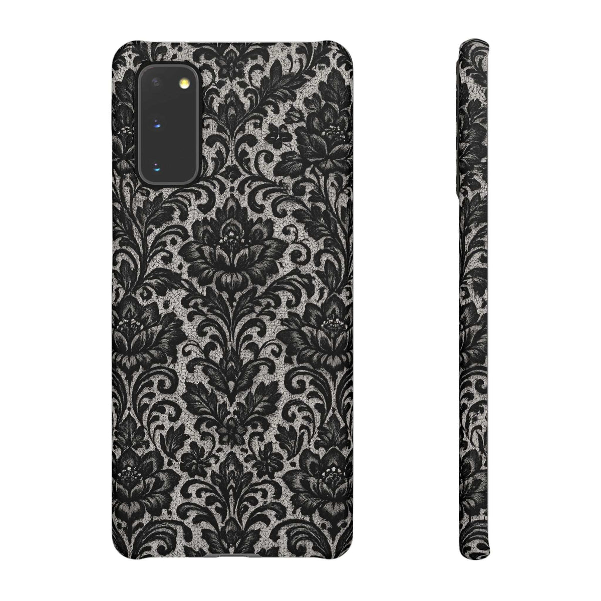 Black damask floral phone case with patterned back and camera cutout