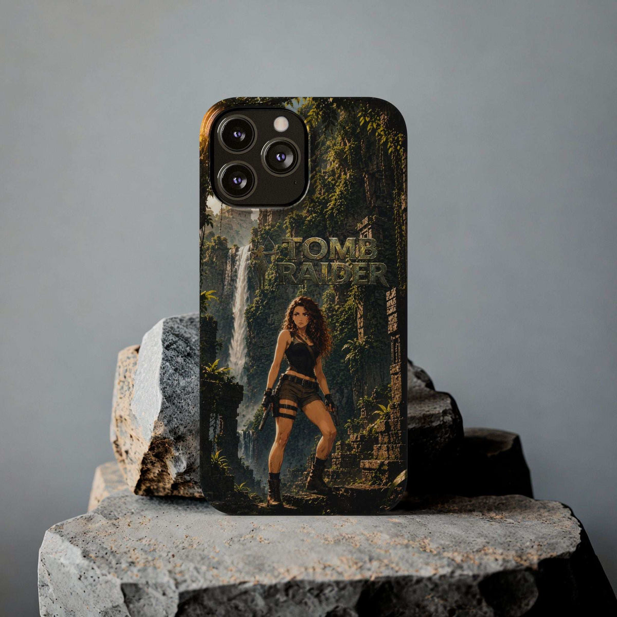 Phone case for iPhone 11–17 with jungle adventurer artwork and “TOMB RAIDER” text