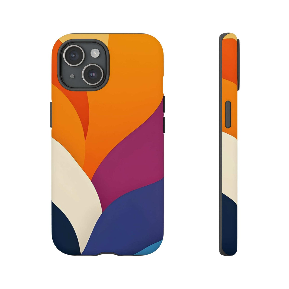 Phone case showing abstract orange, magenta, navy and white design; side profile with cutout