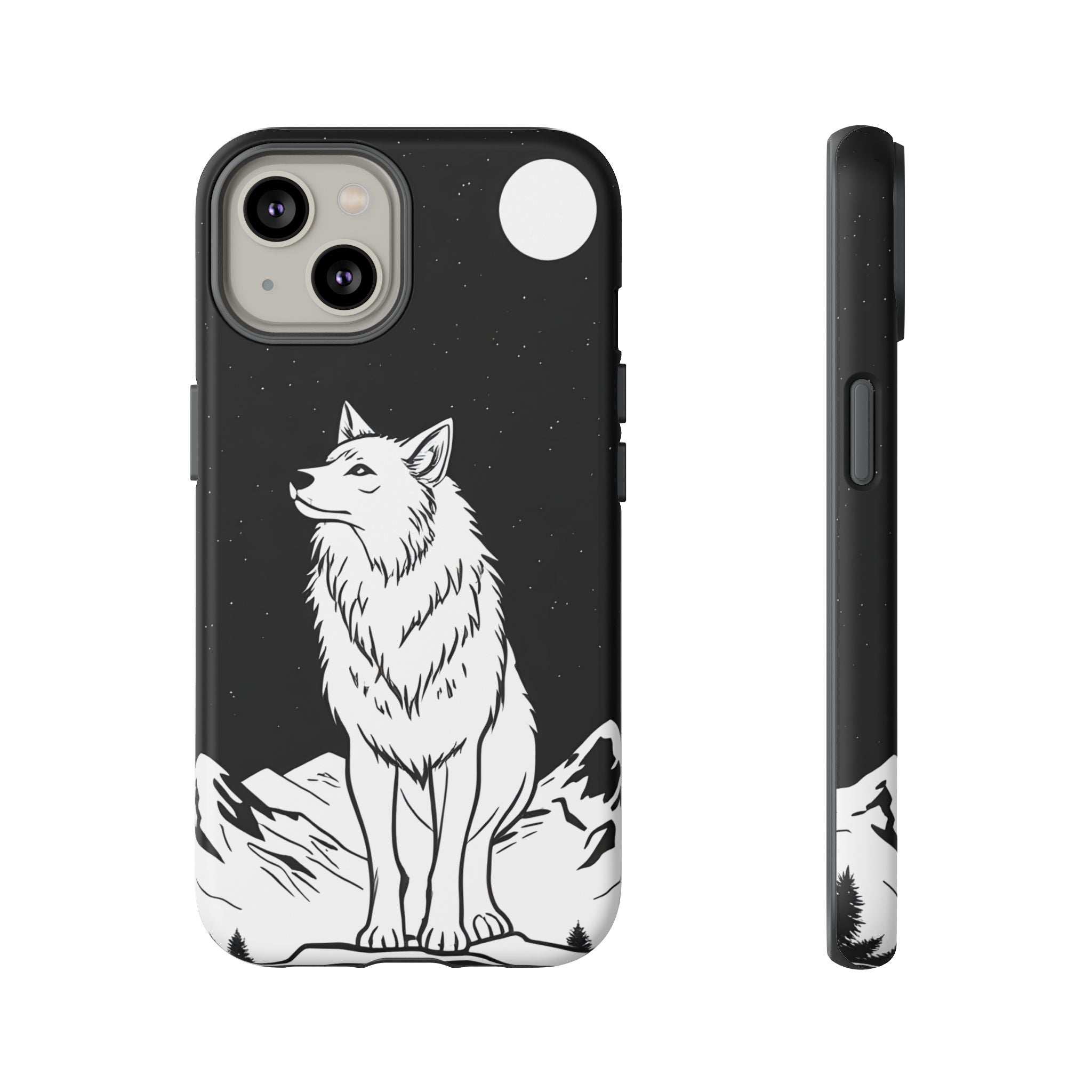 Wolf phone case, dark with white wolf illustration and star speckles; right side button cutout