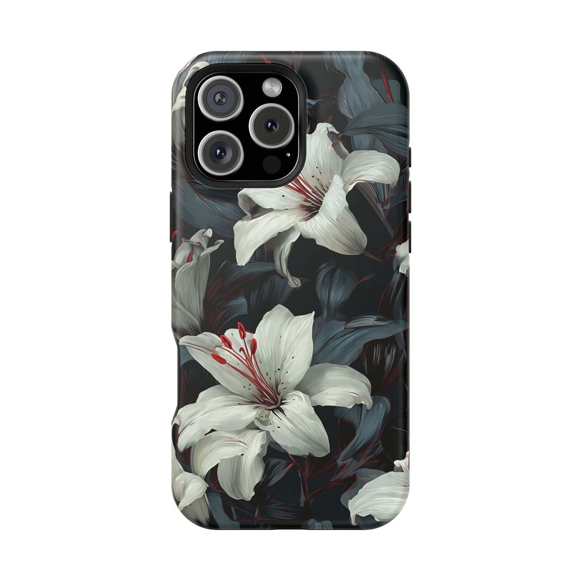 iPhone 13-17 floral phone case featuring white lilies, dark foliage, and camera module cutouts