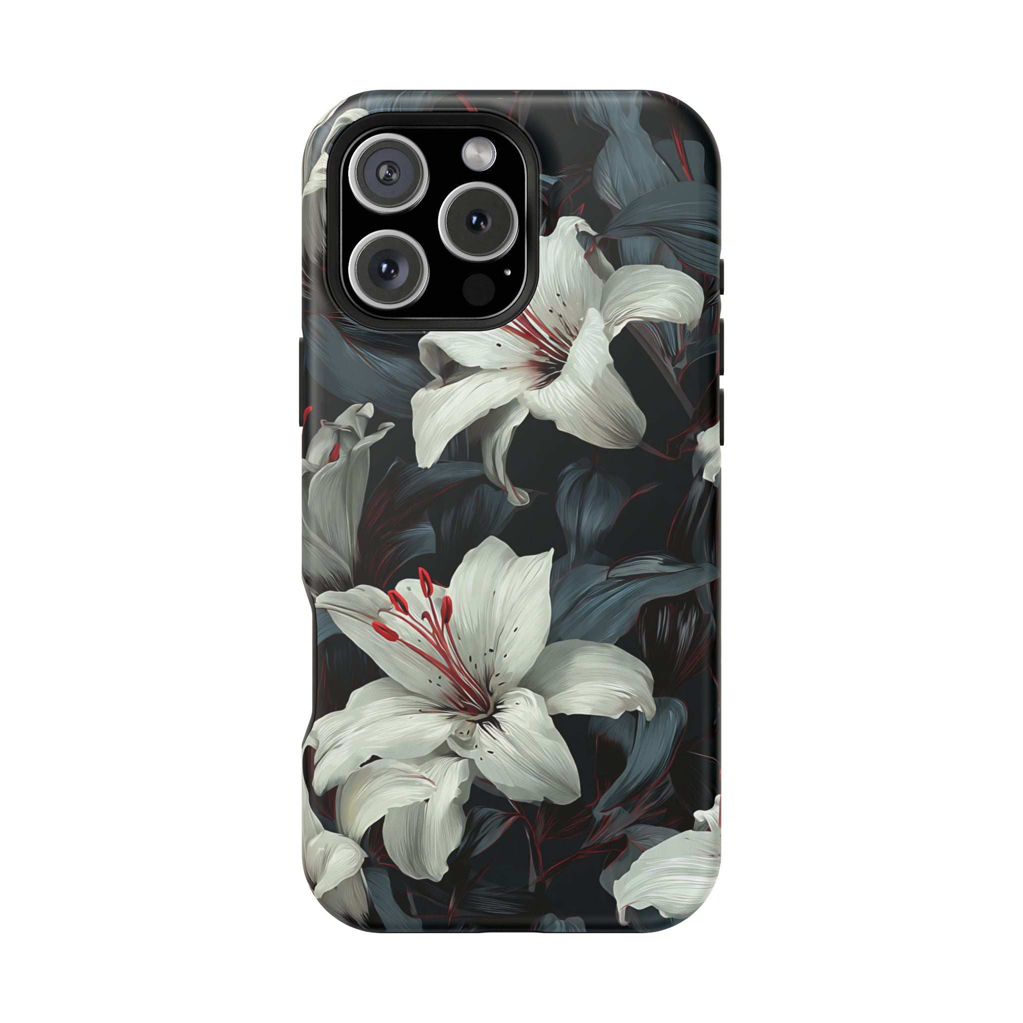 iPhone 13-17 floral phone case featuring white lilies, dark foliage, and camera module cutouts