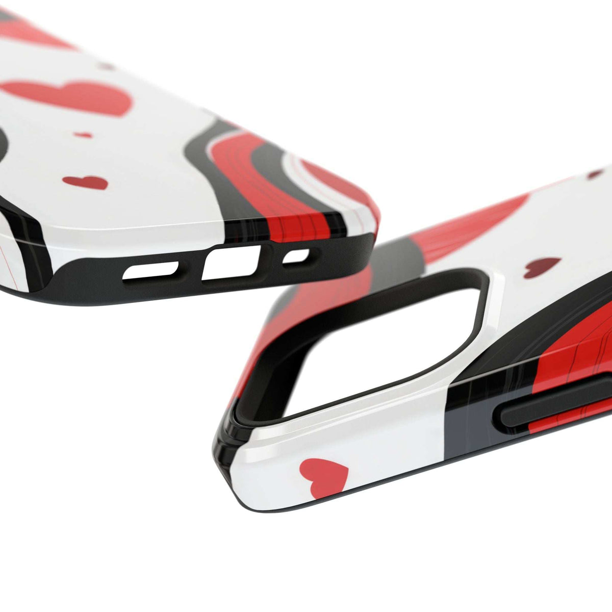 Glossy phone case side view with cutouts and red, white, and black heart swirl design