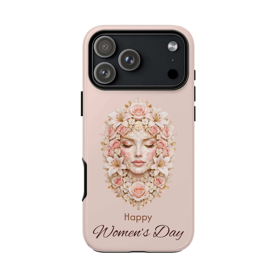 Pink iPhone phone case showing back camera cutout, floral woman face, and 'Happy Women's Day' text.