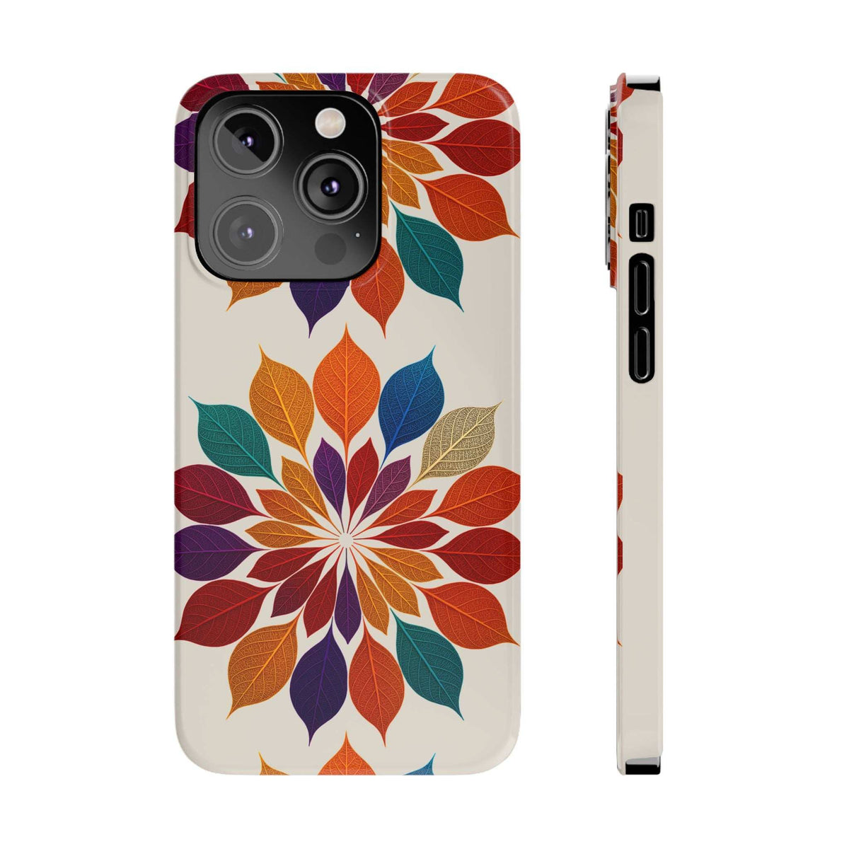 Leaf mandala phone case front view with multicolor leaves pattern and camera lens cutouts