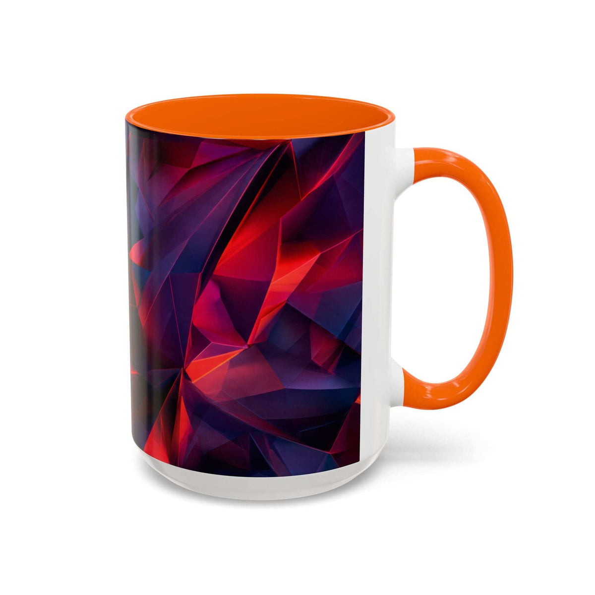 Ceramic mug with orange rim and right-side handle, white body with red and blue geometric print