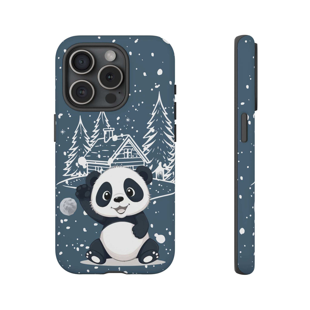 Dark blue panda winter phone case front view with snowy dots and panda illustration